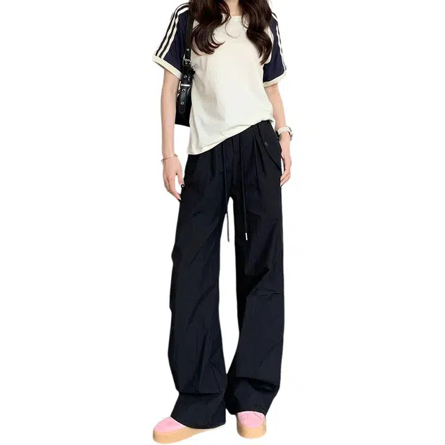 北欧攻略 褶皱设计冰丝凉感垂感舒适透气空调裤速干跑步健身运动显瘦直筒松弛感痞帅休闲裤 男女同款