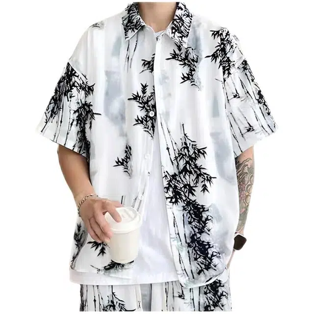 木木兔 百搭慵懒气质文艺新中式国潮笔墨画休闲透气时尚简约轻便轻便简约短袖衬衫 男款