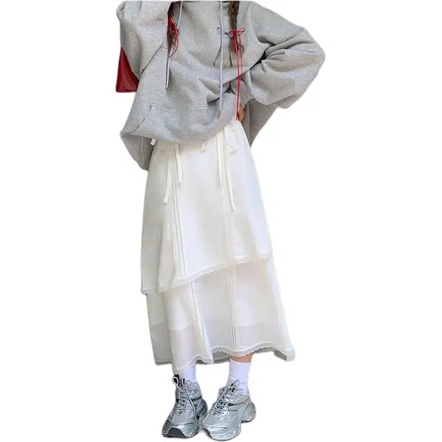 哒头下雨不愁 别致压褶蕾丝边抽绳高腰不规则工装短裙 女款