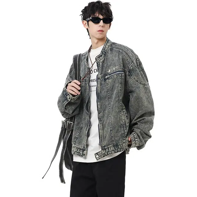 佐菲利 美式复古重工水洗做旧穿搭高街痞帅短款金属装饰设计感牛仔外套 男女同款