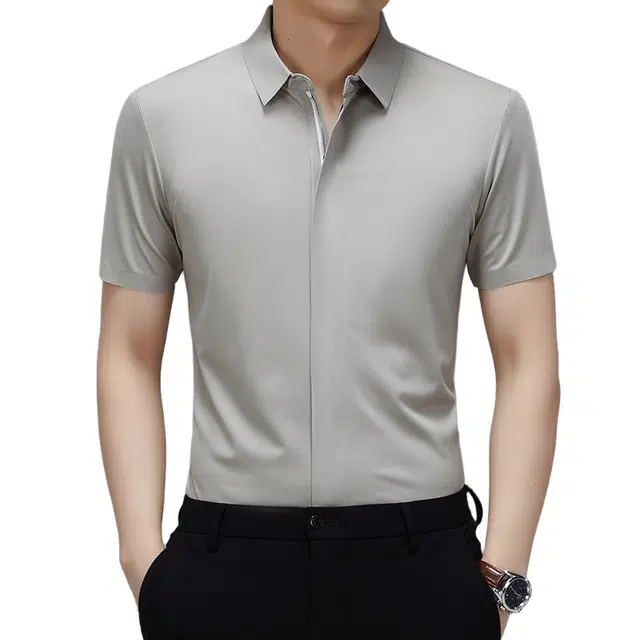 老爷车 含桑蚕丝高弹无痕轻商务休闲净色拉链短袖衬衫 男款