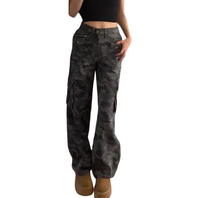 么宁 美式高街迷彩风显瘦休闲直筒阔腿长裤子牛仔裤 女款