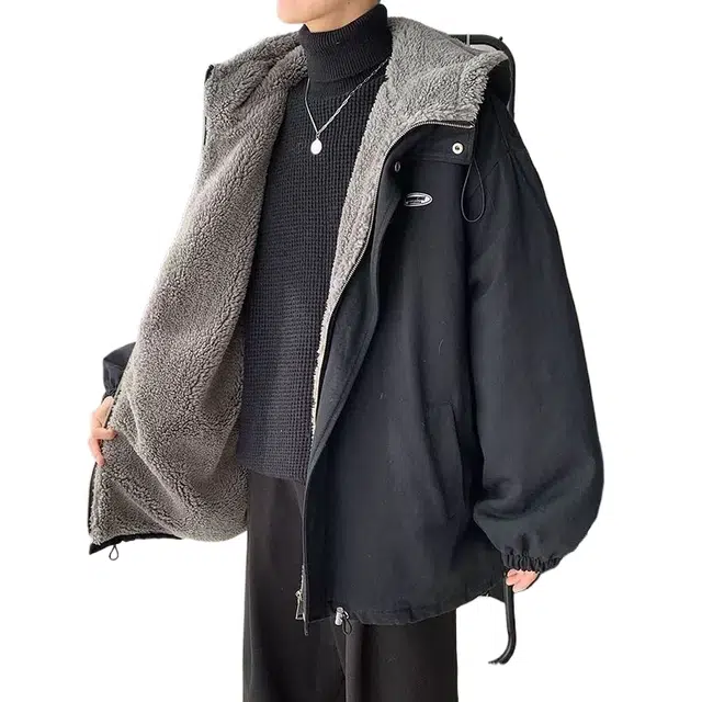 玉儿恋 字母印花设计感加厚加绒连帽落肩宽松拉链棉服 女款 黑色