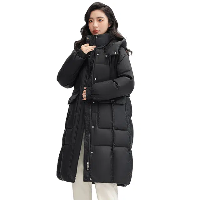 鸭鸭 拉链连帽纯色中长款羽绒服 女款