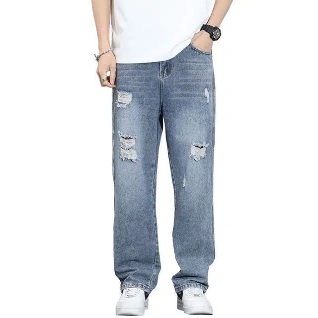 宝米卡 破洞直筒宽松复古休闲痞帅长裤牛仔裤 男女同款