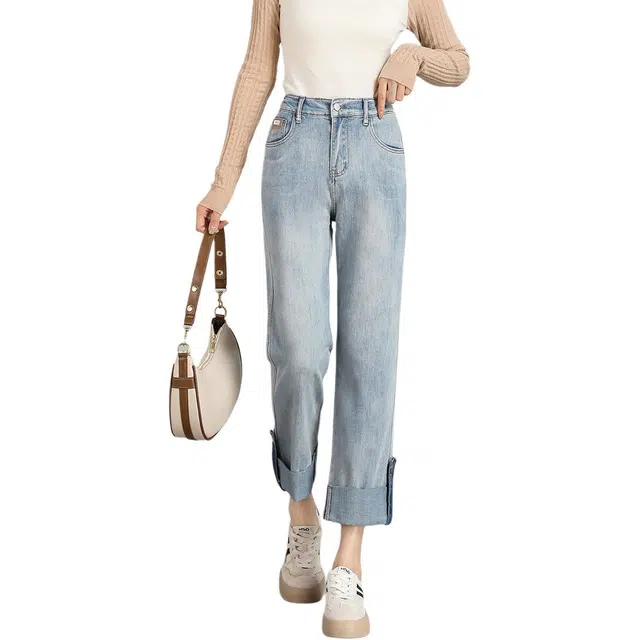 法文箱子 九分个性时尚纯色直筒高腰牛仔裤 女款