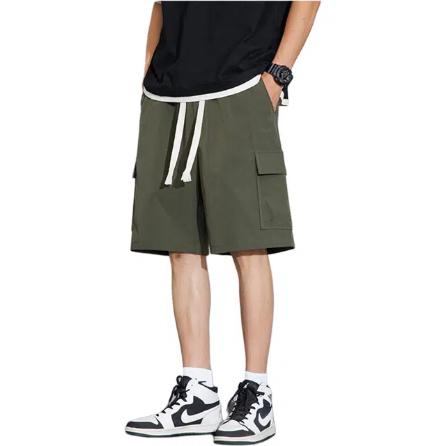 瑞梵帝斯 美式山系户外大口袋纯色抽绳中腰多口袋透气直筒工装速干凉感日常通勤运动系带舒适百搭五分宽松休闲裤男生短裤 男款