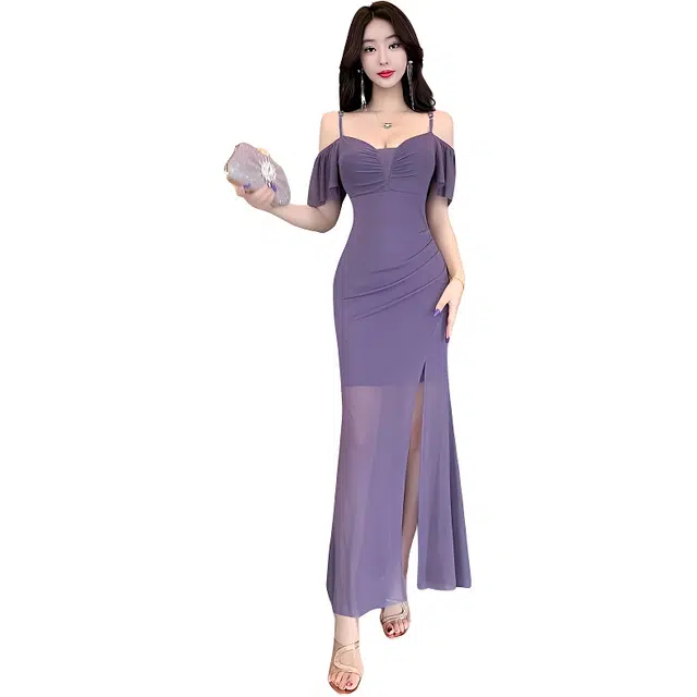 水中花 名媛御姐性感低胸显瘦网纱包臀无袖吊带连衣裙 女款