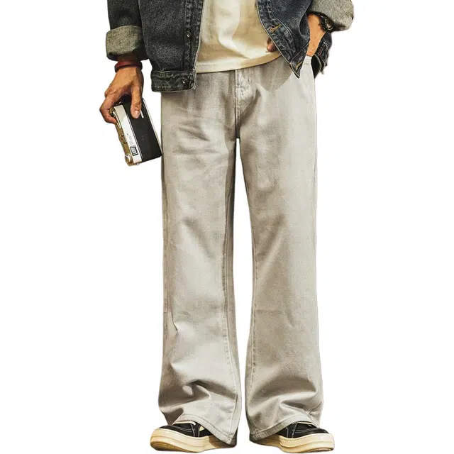 格蓝鹿 美式复古简约潮牌直筒宽松大码阔腿牛仔裤 男款 脏脏白