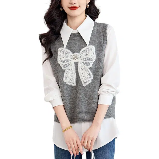 曲韩 圆领蝴蝶结针织背心上衣甜美减龄短款无袖春秋马甲 女款