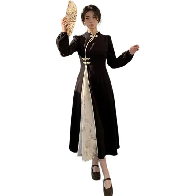 哒头下雨不愁 新中式大码斜襟盘扣时尚简约长袖连衣裙 女款