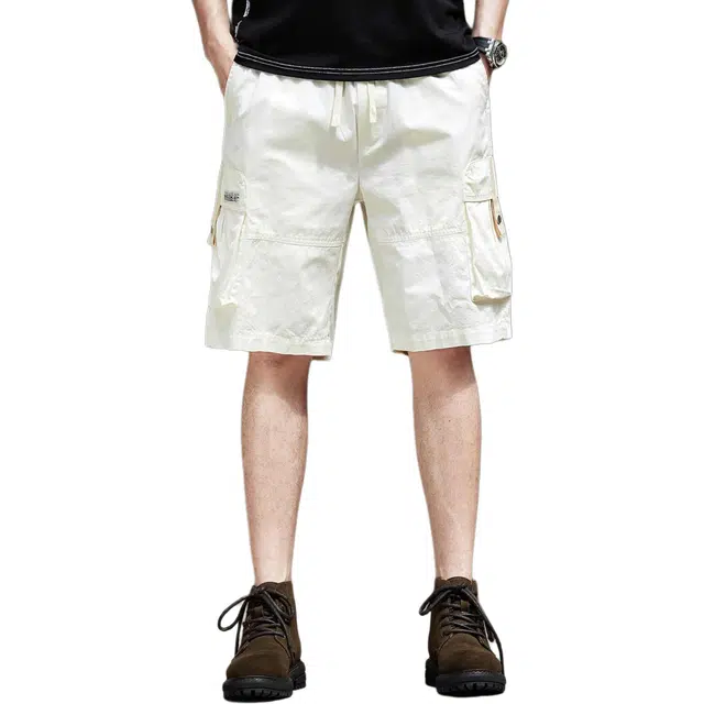 格蓝鹿 潮牌宽松直筒多口袋五分工装短裤 男款 白色