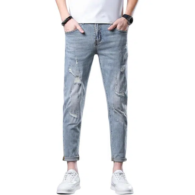 吉肯蒂 破洞牛仔裤高端修身小脚长裤 男款