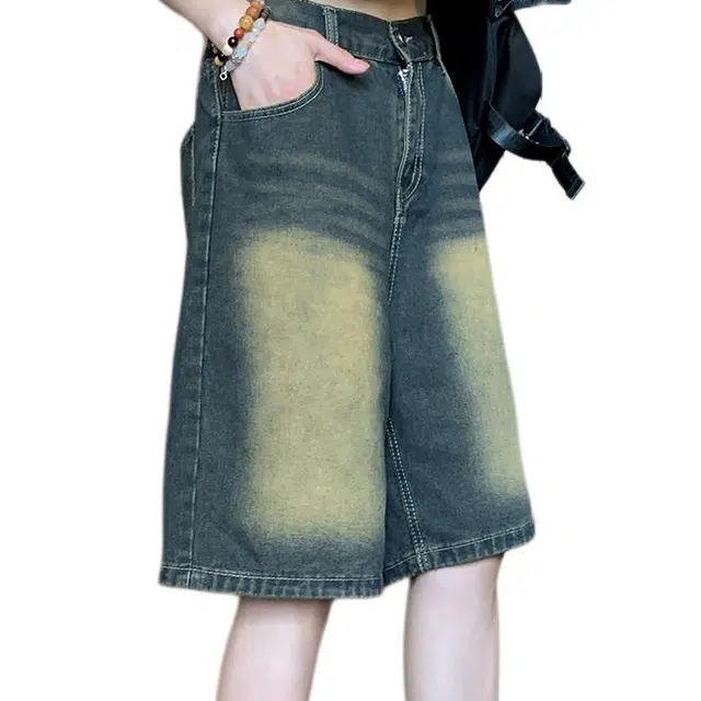 单爵 美式复古黄泥染薄款潮牌工装设计感小众夏季牛仔短裤 男女同款