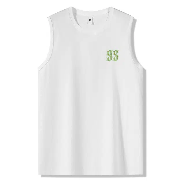 棉基因 夏季宽松圆领纯棉外穿打底衫篮球运动复古艺术优雅印花经典风简约英文健身肌肉登山跑步无袖坎肩背心 男女同款