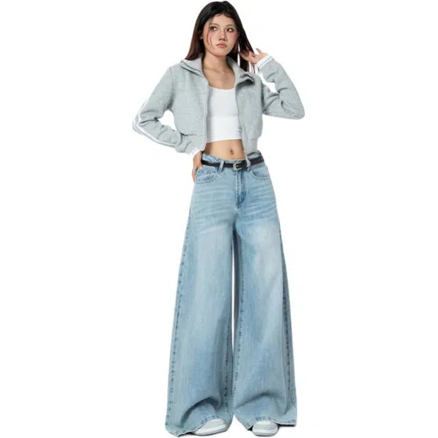 玫丝朵 美式复古宽松阔腿百搭垂感牛仔裤 女款 浅蓝色