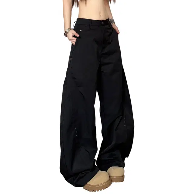 冈哉 美式复古铆钉廓形裁剪弯刀设计纯色基础款垂感西裤慵懒无性别主义宽松百搭日常通勤休闲裤 男女同款