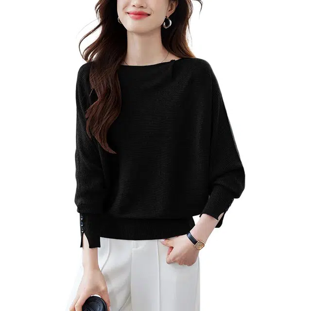 曲韩 蝙蝠袖上衣女春季休闲时尚百搭显瘦针织衫 女款