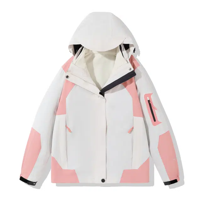 木清清 美式机能风拼接色可拆卸帽户外三合一防风防水登山冲锋茄克夹克外套 女款