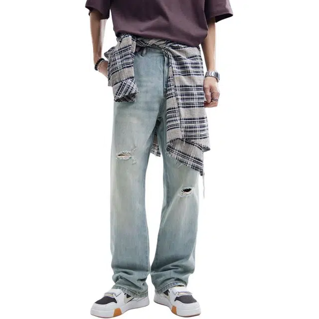 童先森 美式复古水洗做旧破洞宽松百搭舒适直筒牛仔裤 男款