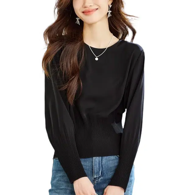 曲韩 圆领收腰显瘦高腰短款雪纺衬衫 女款