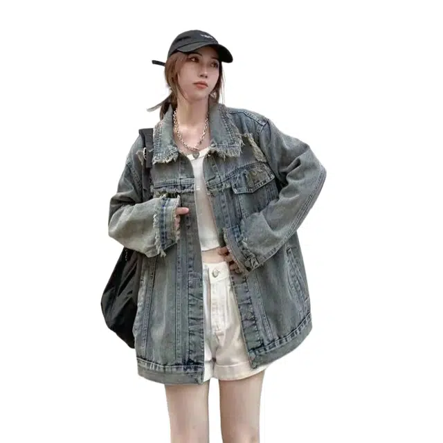 玉儿恋 纯色破洞翻领宽松落肩单排扣长袖牛仔外套 女款 浅蓝色