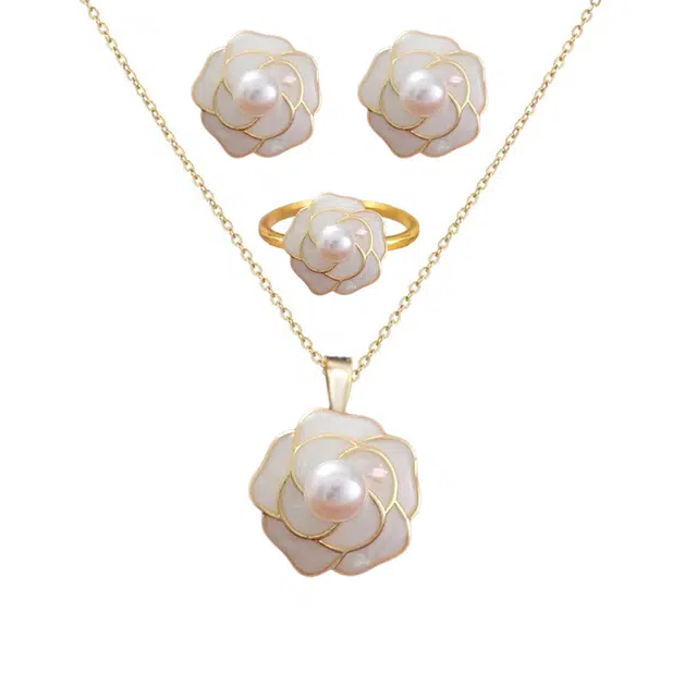 贝诗 山茶花轻奢高级感淡水珍珠锁骨链高级感套系礼盒项链戒指耳钉女款