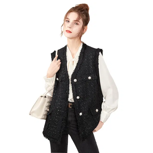 她池 编织宽松马夹韩版小香风单排扣亮丝马甲 女款