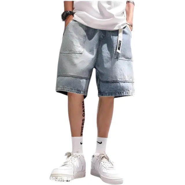 木木兔 气质时尚男士夏季短裤美式潮流百搭男生裤子简约宽松直筒水洗五分裤夏天牛仔裤 男款