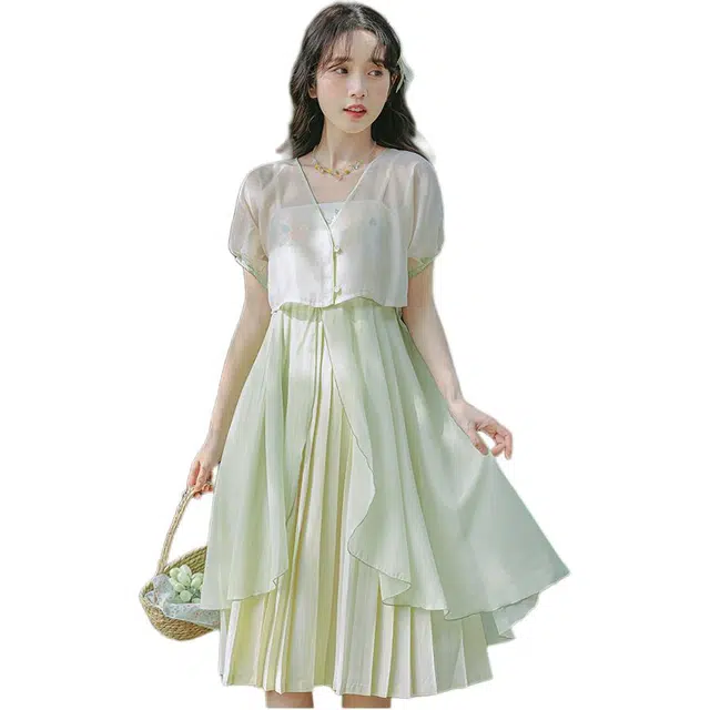 黛尔佳人 国风改良版收腰雪纺吊带连衣裙 女款