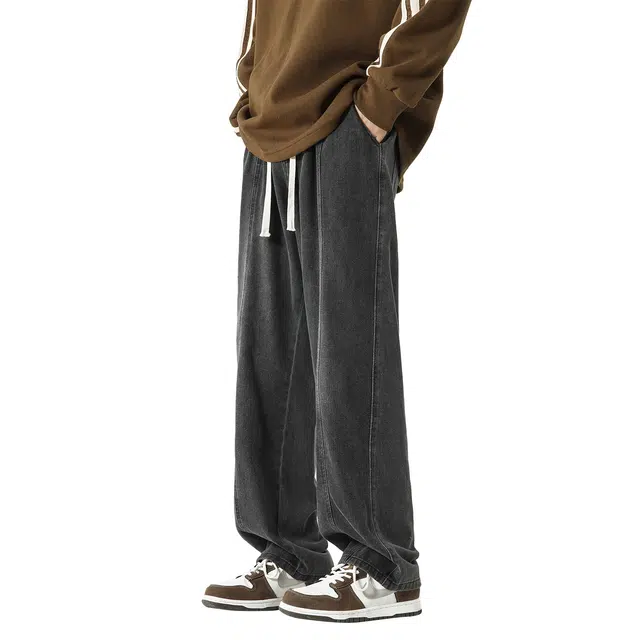寻星记 美式复古街头水洗做旧系带抽绳直筒高街经典时尚风宽松舒适百搭潮牌休闲工装牛仔裤 男女同款