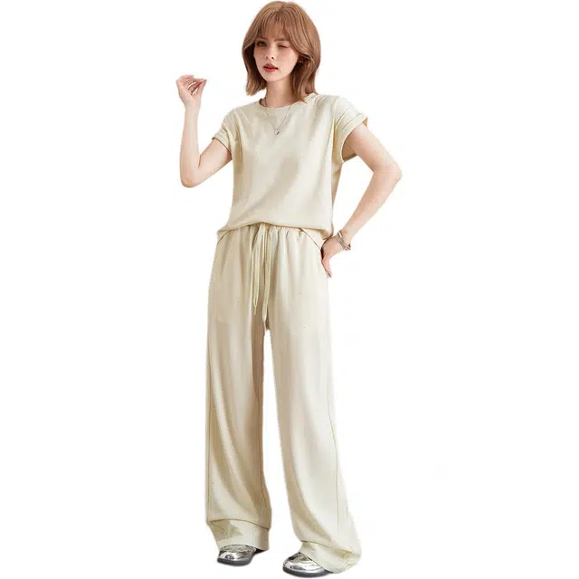 法文箱子 高腰简约纯色连袖短袖圆领常规长裤休闲套装 女款