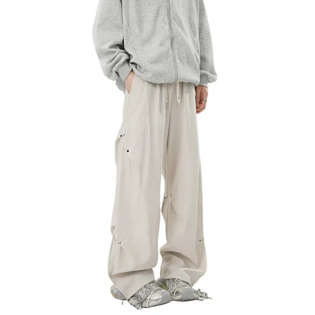 加荣 铆钉设计美式高街帅气复古阔腿纯色简约百搭慵懒宽松直筒休闲裤 男女同款