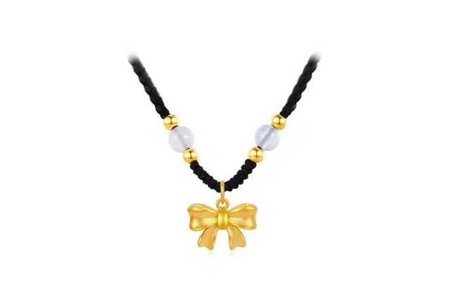 尚银福 在逃公主蝴蝶结 冷淡风轻奢高级感 新中式国潮复古浪漫精致在逃公主光面蝴蝶圆珠 合金 项链 女款