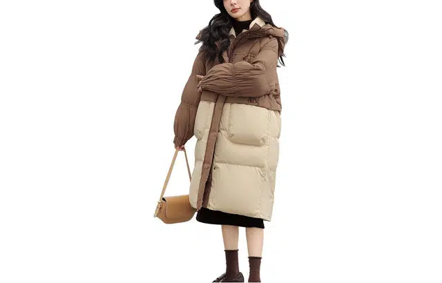 鸭鸭 撞色连帽加厚保暖长款长袖羽绒服 女款