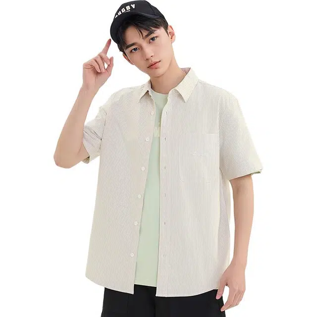 三福 条纹纯色时尚休闲翻领短袖衬衫 男款