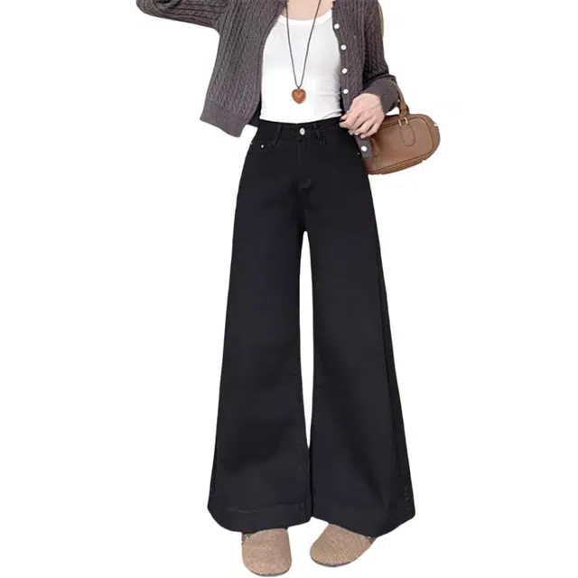 北极绒 韩系高腰微喇阔腿时尚百搭宽松牛仔裤 女款