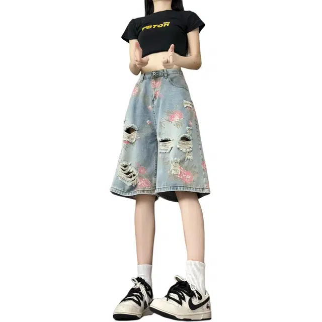 水中花 复古高街风花卉印花破洞个性百搭五分裤夏季薄款休闲直筒宽松阔腿牛仔短裤 女款