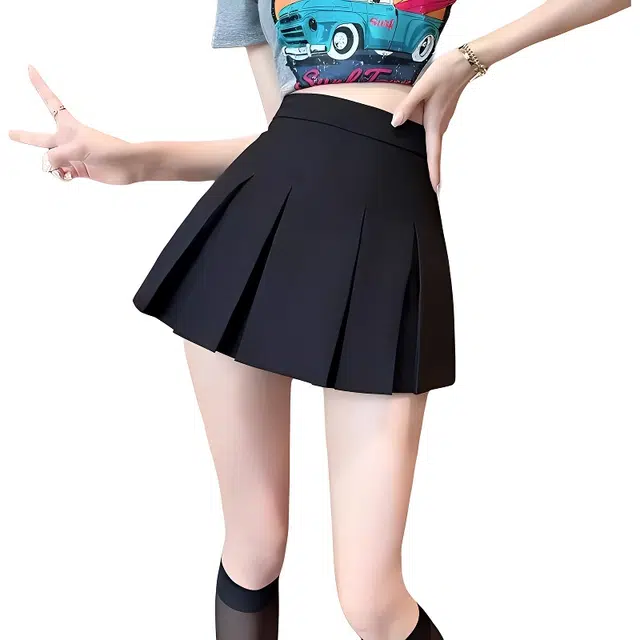 纤丝鸟 甜美可爱百搭舒适高腰纯色显瘦百褶休闲短裙 女款