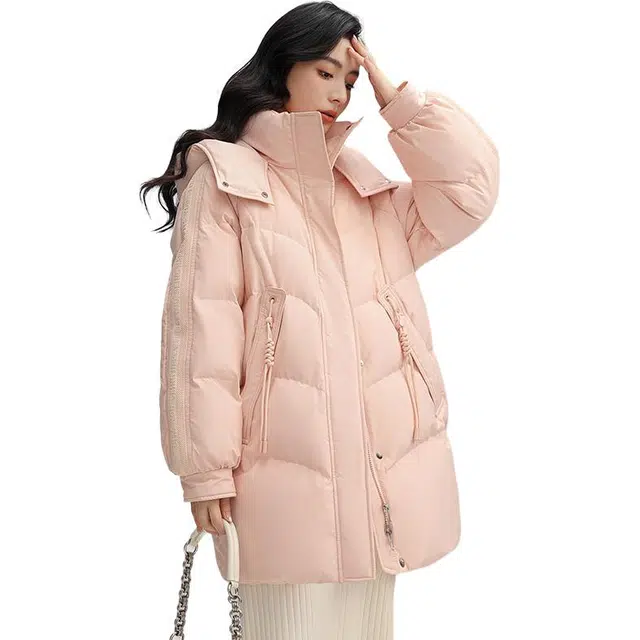 鸭鸭 纯色拉链连帽中长款羽绒服 女款