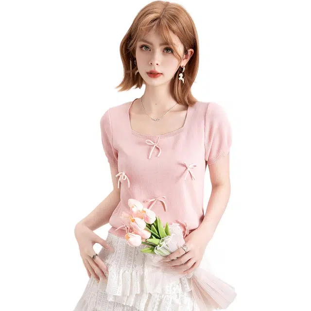 法文箱子 蝴蝶结方领设计甜美风格纯色常规短袖针织衫 女款