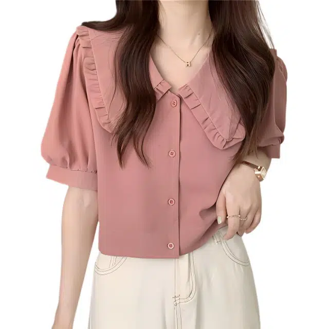 水中花 夏季设计感法式娃娃领泡泡袖上衣短袖衬衫 女款