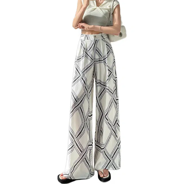 水中花 复古阔腿裤几何印花显瘦老钱风拖地长裤休闲裤 女款