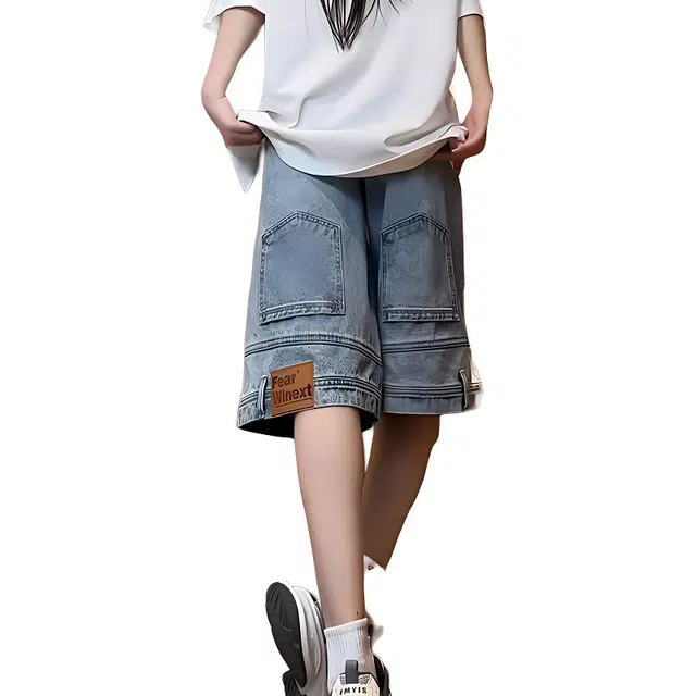 单爵 美式高街设计感中裤宽松直筒牛仔短裤 男女同款