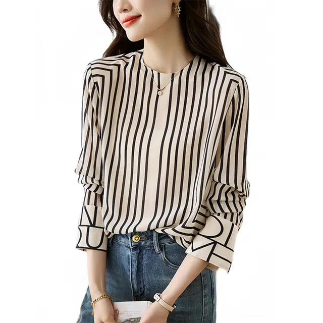曲韩 条纹圆领拉链宽松长袖衬衫 女款 条纹