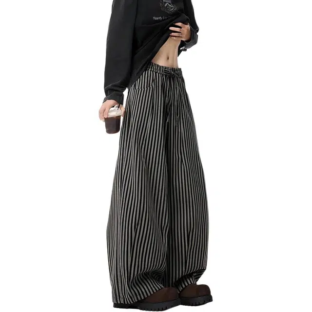 沐诚阳译 美式松弛感竖条纹男女春季慵懒风垂感直筒裤弯刀阔腿拖地裤休闲裤 男款