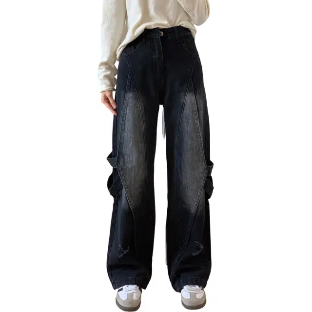 冈哉 美式复古做旧解构拼接铆钉破洞设计时尚简约百搭透气复古潮流日常通勤牛仔裤 男女同款