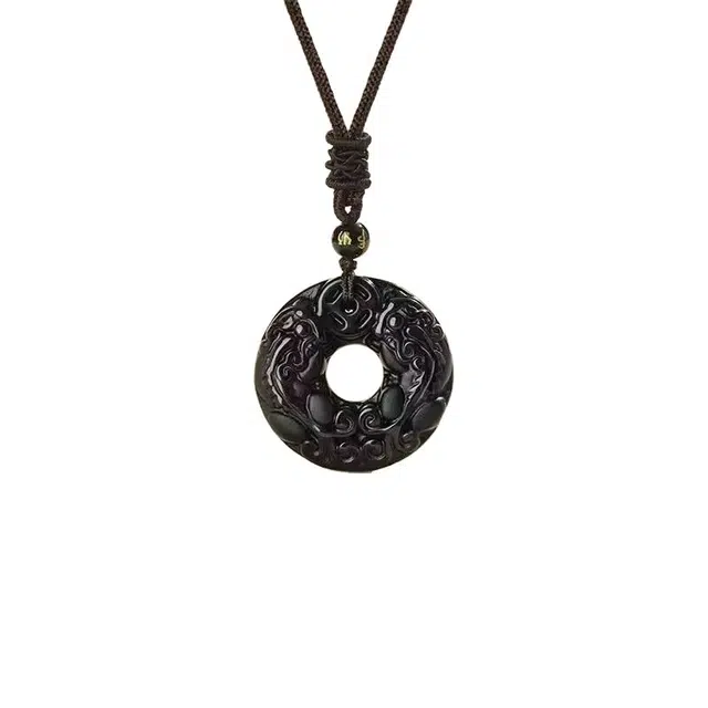 聆听花开 吞金兽貔貅有钱花 平安扣个性吊坠简约招财复古配饰复古挂件 黑曜石 项链 男女同款情侣款