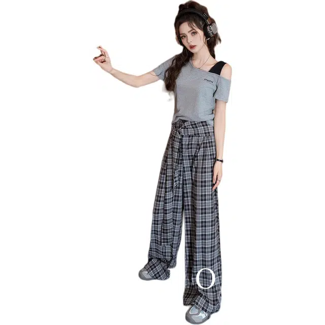 法文箱子 设计感斜领短袖纯色连袖常规高腰长裤休闲套装 女款