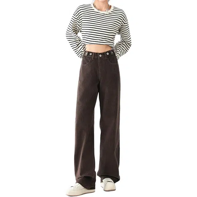 玫丝朵 美拉德灯芯绒高腰阔腿直筒垂感拖地牛仔裤 女款